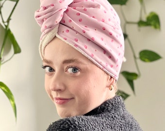 Organic cotton terry Hair Wrap, Reversible, double sided, spa day, hair towel, Strawberries and Cream
