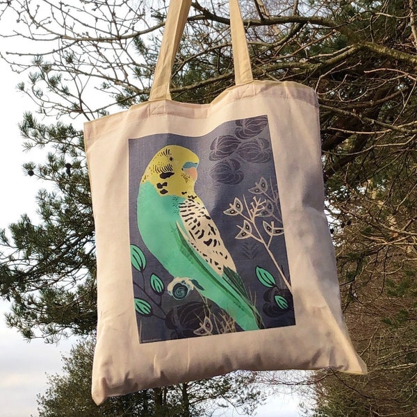Turquoise Budgie Cotton Tote Bag