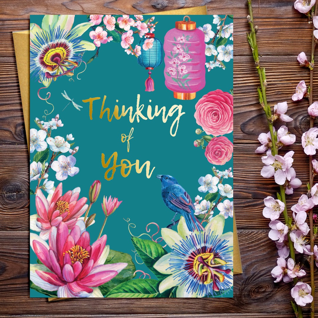 Thinking of You Card With Floral & Decorative Elements and Gold Type - Etsy