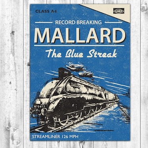 Puede incluir: Un p&oacute;ster de estilo vintage con una ilustraci&oacute;n azul y blanca de la locomotora de vapor Mallard, un tren que bati&oacute; r&eacute;cords. El p&oacute;ster dice "Clase A4, Record Breaking, Mallard, The Blue Streak, Streamliner 126 MPH".