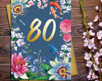 Carte du 80e anniversaire avec éléments décoratifs floraux - Type d’or