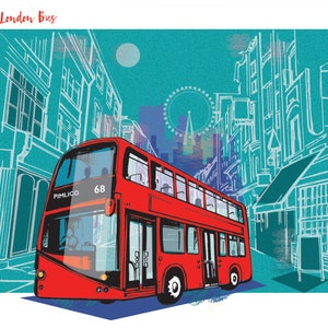 Puede incluir: Ilustraci&oacute;n de un autob&uacute;s rojo de dos pisos de Londres circulando por una calle. El autob&uacute;s muestra el n&uacute;mero 68 y el destino "Pimlico". El fondo presenta edificios y el London Eye, con el texto "The London Bus".
