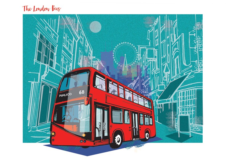 Puede incluir: Ilustraci&oacute;n de un autob&uacute;s rojo de dos pisos de Londres circulando por una calle. El autob&uacute;s muestra el n&uacute;mero 68 y el destino "Pimlico". El fondo presenta edificios y el London Eye, con el texto "The London Bus".