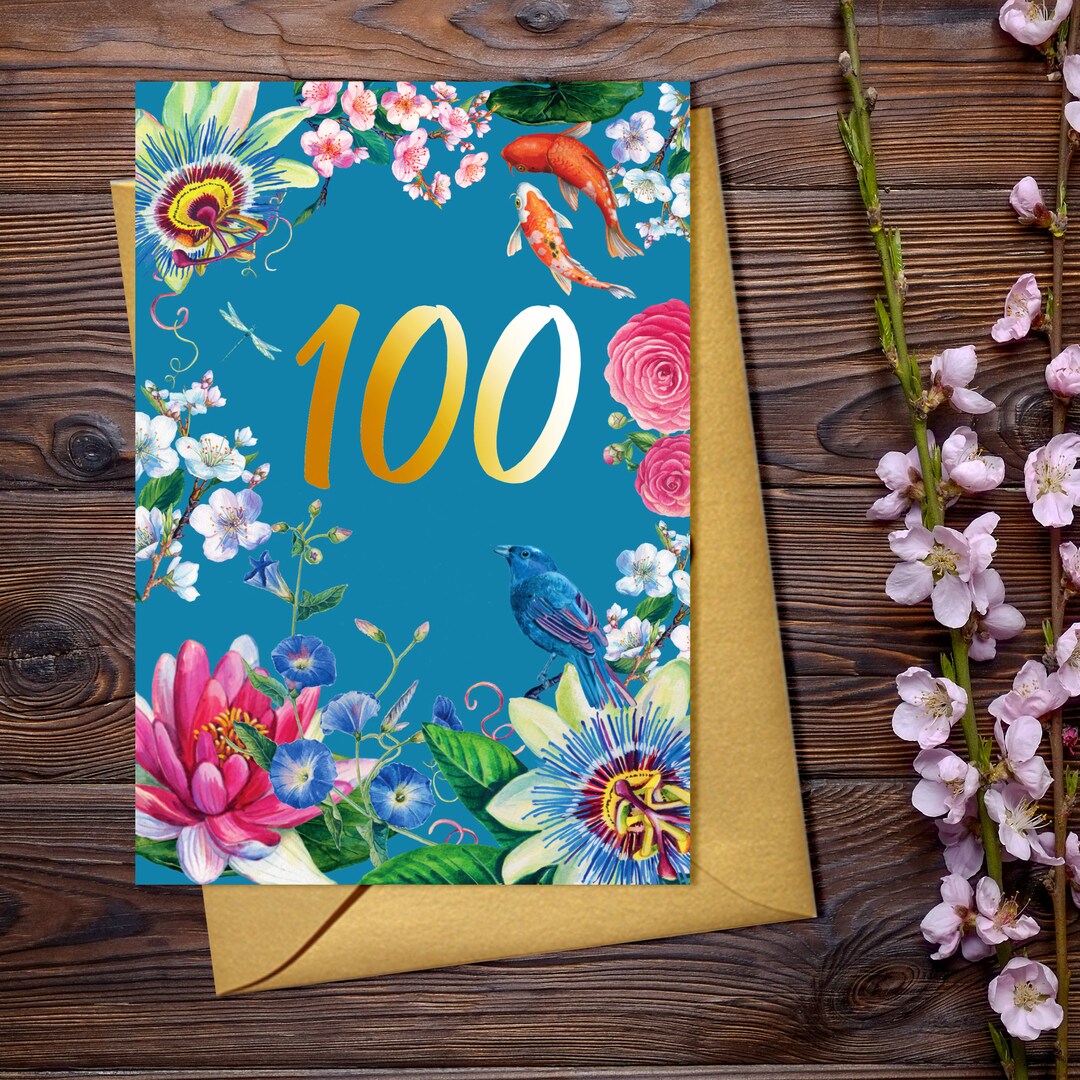 100th Birthday Card With Floral Decorative Elements & Gold Type - Etsy