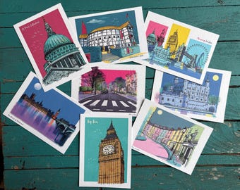 Set of 8 London Location Illustrated Postcards