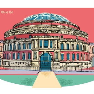 Pu&ograve; includere: Illustrazione della Royal Albert Hall a Londra. L'edificio ha un esterno rosso, finestre blu e una cupola di vetro. Il testo "The Royal Albert Hall" &egrave; in alto a sinistra. Stile grafico e colorato.
