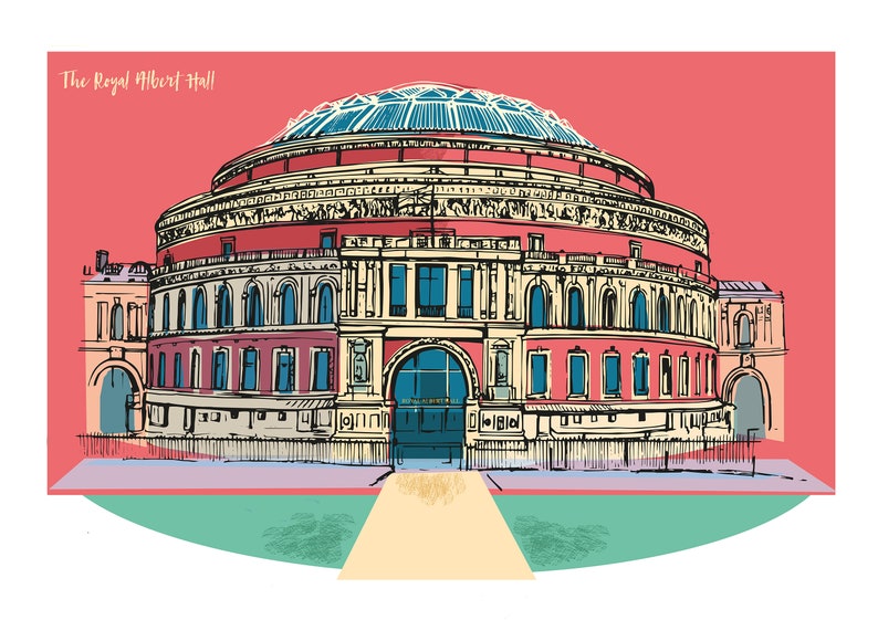 Pu&ograve; includere: Illustrazione della Royal Albert Hall a Londra. L'edificio ha un esterno rosso, finestre blu e una cupola di vetro. Il testo "The Royal Albert Hall" &egrave; in alto a sinistra. Stile grafico e colorato.