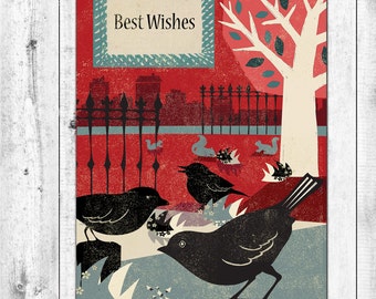 Tarjeta de felicitación retro pájaro en blanco