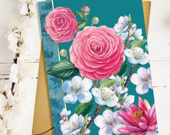 Jolie carte de fleurs et de fleurs roses avec type doré