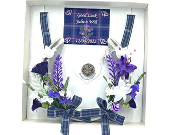 Ensemble cadeau fer à cheval pour mariée écossaise : souvenir de mariage tartan avec porte-bonheur de six pence