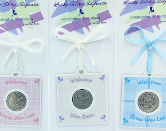 Cadeau écossais porte-bonheur pour bébé de 6 pence, plaid tartan, Bonnie Wee Lass, Braw Wee Lad, Wee Bairn