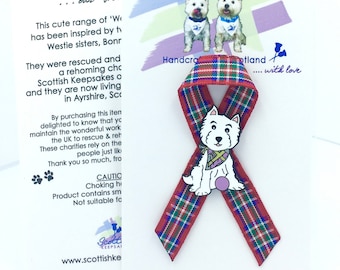 Westie Enamel Pin: Tartan Ribbon, Dog Lapel Badge