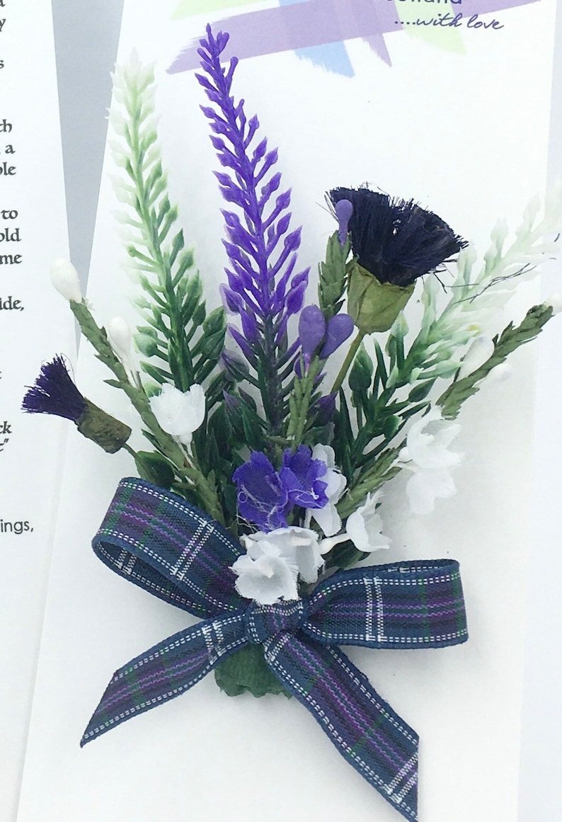 May include: A small bouquet of purple and white flowers with a blue and green plaid ribbon. The flowers are arranged in a cluster and tied together with the ribbon. The bouquet is on a white background.