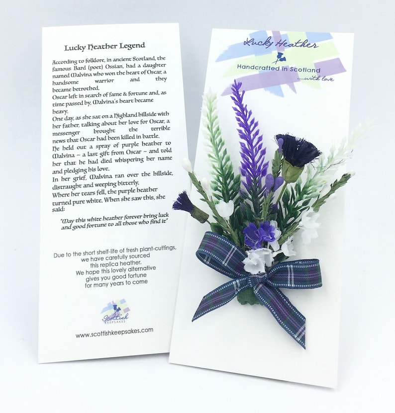 May include: A bouquet of purple and white heather with a blue and green tartan ribbon. The bouquet is handcrafted in Scotland and is a replica of the traditional lucky heather. The card includes the legend of the lucky heather.
