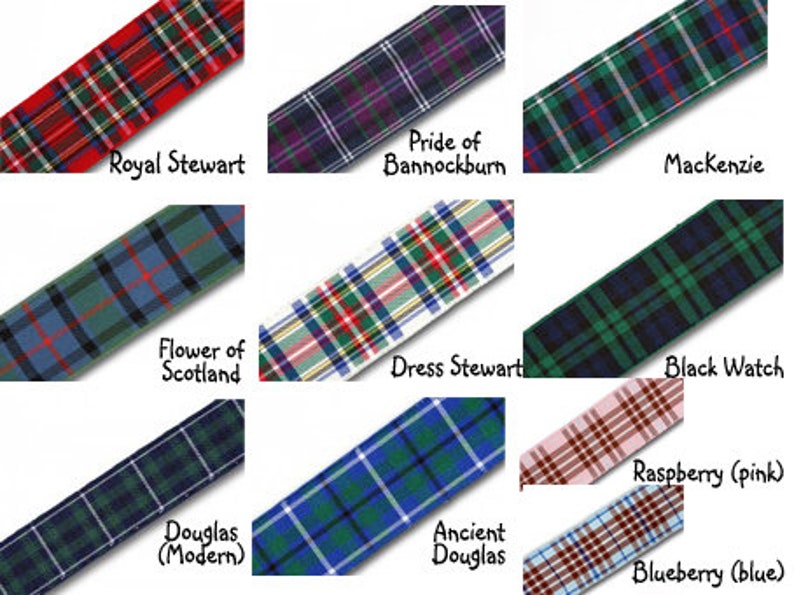 May include: A collection of ten different tartan ribbon samples, each with a unique pattern and color combination. The ribbons are labeled with their names, including Royal Stewart, Pride of Bannockburn, Mackenzie, Flower of Scotland, Dress Stewart, Black Watch, Raspberry (pink), Douglas (Modern), Ancient Douglas, and Blueberry (blue).