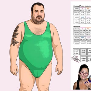 Husky Size Racerback Bodysuit Sewing Pattern with Thong Back ~ Assembly Video Link follow along tutorial for a man bodysuit sewing pattern