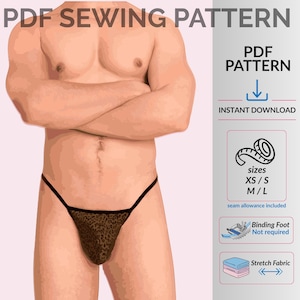 May include: A digital sewing pattern for a thong with a leopard print design. The image includes text that says "PDF Sewing Pattern", "PDF Pattern", "Instant Download", and size options XS/S and M/L. The pattern requires stretch fabric.
