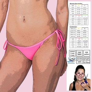 May include: A pink bikini bottom with tie strings. The image includes a size chart in inches and centimeters for junior, small, medium, and large sizes. The chart also includes information about stretch, knit fabric, and PDF pattern.