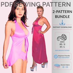 Pode incluir: Imagem de um pacote de padrões de costura em PDF com duas mulheres modelando vestidos halter rosa. O texto diz "PDF Sewing Pattern" e "2-Pattern Bundle". O texto adicional inclui "Instant Download", opções de tamanho e "Beginner Friendly easy instructions."