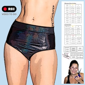 May include: A size chart for women's underwear with measurements in inches and centimetres. The chart includes bust, waist, and hip measurements for sizes S, M, and L. The chart also includes information about stretch, knit fabric, and PDF patterns. The chart is printed on 8.5 x 11 inch paper.