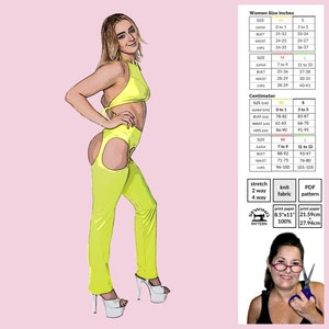 May include: A digital sewing pattern for a yellow jumpsuit with cut-out details. The pattern includes instructions for knit fabric and is available in sizes Junior, Small, Medium, and Large. The pattern is printed on 8.5 x 11 inch paper and is 100% printable.