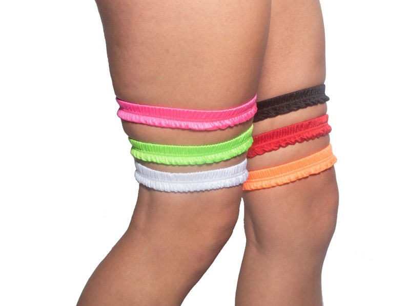Side view leg garter sewing pattern showing stretch elastic fit on thigh