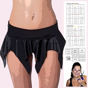 May include: Black, flared mini skirt with pointed edges. The image includes a size chart in inches and centimeters. The skirt is made of a stretch fabric. A woman is holding scissors in the corner.