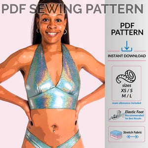 Patrón de costura para top corto estilo halter estilo imperio (descarga en PDF), atuendo para festivales rave.
