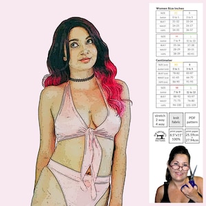 May include: A digital illustration of a woman wearing a pink halter top and matching high-waisted bottoms. The image includes a size chart in inches and centimetres for a knit fabric pattern.