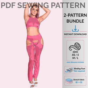 Paquete de patrones de costura en PDF para pantalones de pierna recta y top halter de malla.