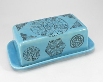 Butter Dish  Covered Butter Dish Food safe Lead Free GLaze Celtic design butter dish with lid  made in UK cornwall