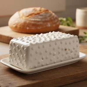 Mantequillera con tapa, hecha a mano en cerámica, apta para uso alimentario, sin plomo, con esmalte. Fabricada en el Reino Unido bajo pedido. Diseño táctil. imagen 1