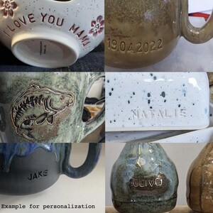 May include: A collage of different ceramic mugs with personalized inscriptions. The mugs feature various designs, including a fish, a floral pattern, and a simple inscription. The mugs are all handmade and unique.