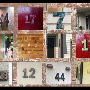 May include: A collage of images featuring various house numbers, including 44, 17, 7, 585, 3019, 1281, and 113. The numbers are displayed on different surfaces, such as brick walls, wooden doors, and painted walls.