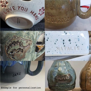 May include: A collage of images showing different examples of personalized ceramic mugs, bowls, and vases. The mugs feature a fish design, a name, and a date. The bowl has the words "I love you, Mami" and a floral design. The vase has the word "Olive" on it.