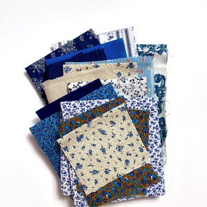 Vintage Fabric Scrap Bundle Lot. Blue. Florals and designs. Gingham. 6 oz. Upcycle.