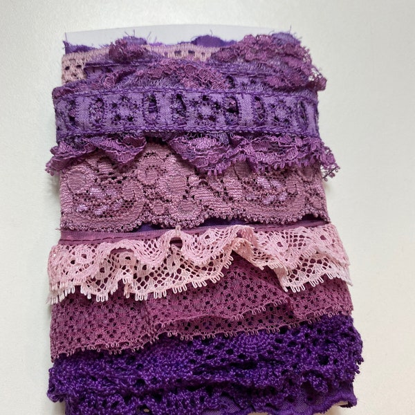 Vintage lace trim scrap bundle- Lace remnants, purple laces, vintage purple trim scraps