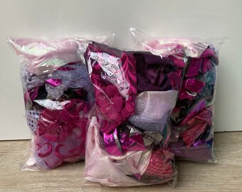 Sequin Fabric Grab Bags, Glitter fabric, pink and purples, Trim and Lace, sheer, embellishments, scrapbook, scrap fabric, Journals Sewing
