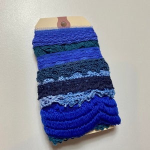Vintage lace trim scrap bundle- Lace remnants, shades of blue laces, vintage blue trim scraps