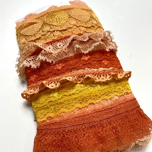 Vintage lace trim scrap bundle- Lace remnants, orange and yellow laces, vintage yellow and orange trim scraps
