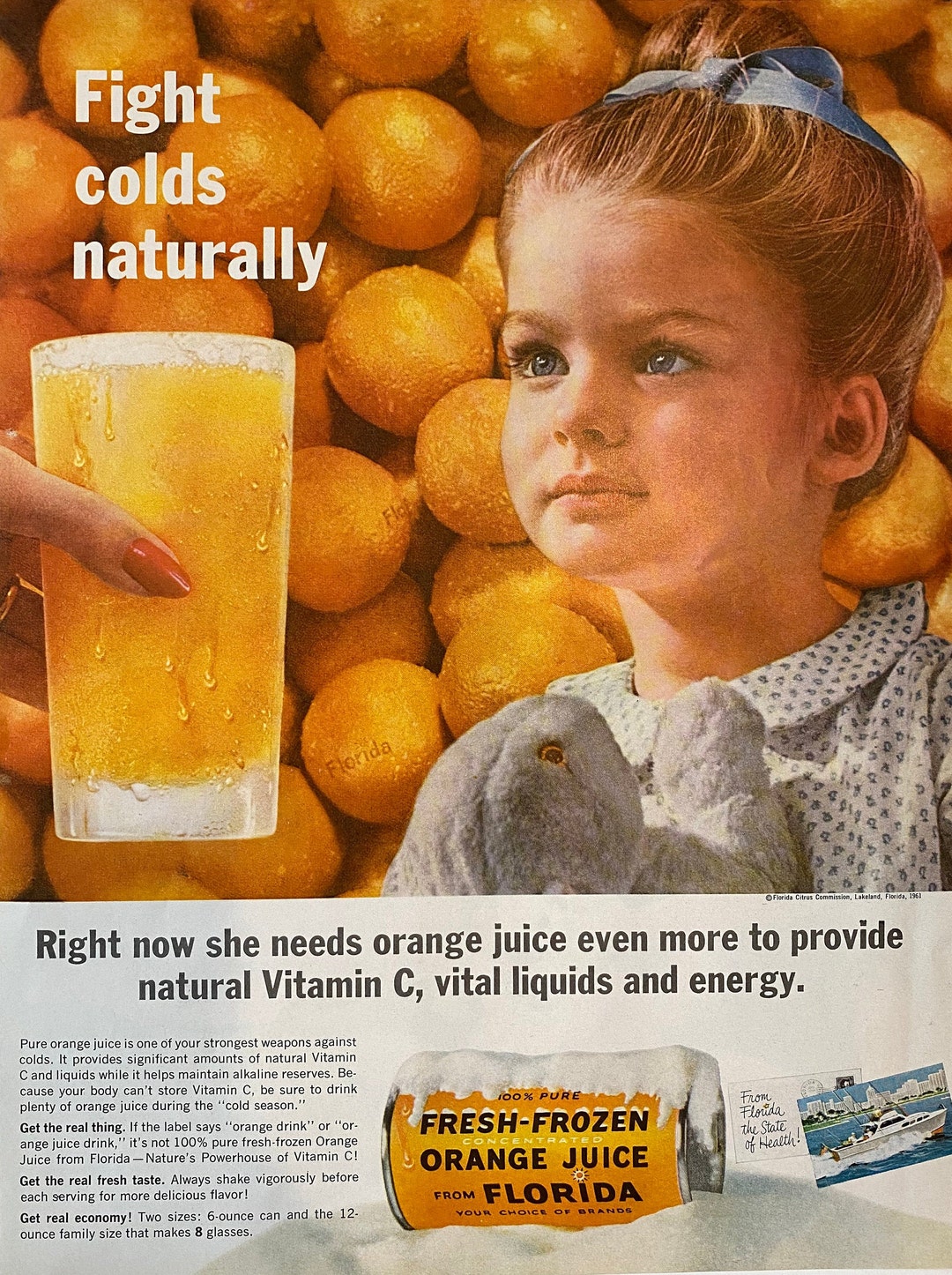 Vintage Florida Orange Juice Girl With Blue Ribbon in Hair Ad 1961
