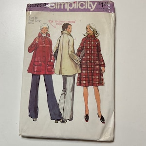 May include: Simplicity sewing pattern number 9984 for a coat. The pattern is for size 10, bust 32 1/2 inches, and is for misses. The pattern shows three different styles of coats, one red, one white, and one plaid.