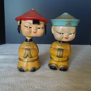 Vintage 40&#39;s-50&#39;s Asian Boy and  Girl Bobble heads/Nodders Figures Japan Adorable!
