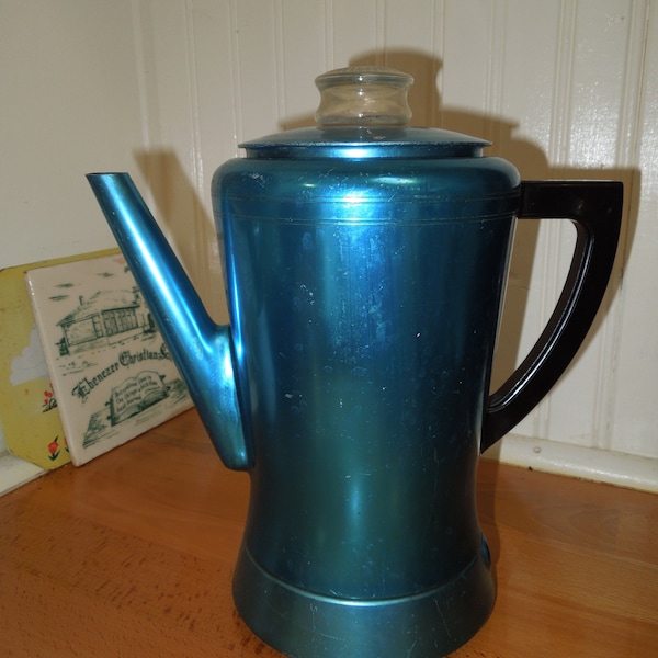 Vintage blue aluminum coffee percolator  by West Bend  Made in USA 1960s