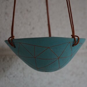 Aqua & Red Earthenware Hanging Planter w/ "Geotriangle" Design - Hanging Pot w/ Carving - Succulent, Cactus, Herb, Air Plant - Housewarming