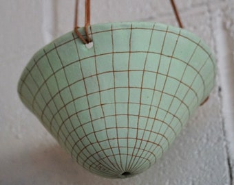 Light Green & Terracotta Hanging Planter w/ "Grid" Design - Hanging Pot w/ Carved Design - Propagating - Succulent, Cactus, Herb, Air Plant