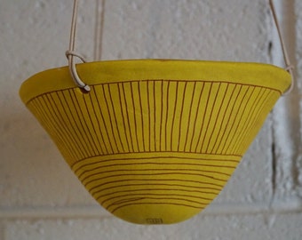 Bright Yellow & Terracotta Hanging Planter w/ "Directional Line" Design - Hanging Pot with Carvings - Succulent, Cactus, Herb, Air Plant