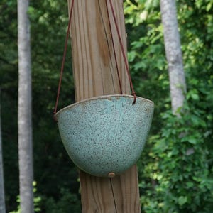 Speckled Pistachio Glazed Largey Hanging Planter | Handmade Stoneware | Leather Cord | Artisan Ceramic | NC Studio | Gift for Plant Lover