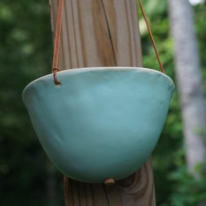 Semi Matte Pistachio Glazed Large Hanging Planter | Stoneware | Leather Cord | Artisan Ceramic | NC Studio | Gift for Plant Lover