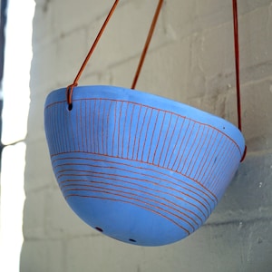 Large Electric Blue & Terracotta Hanging Planter w/ Hand-Carved "Directional Line" Design - Plant Hanger - Hanging Basket - Indoor Garden